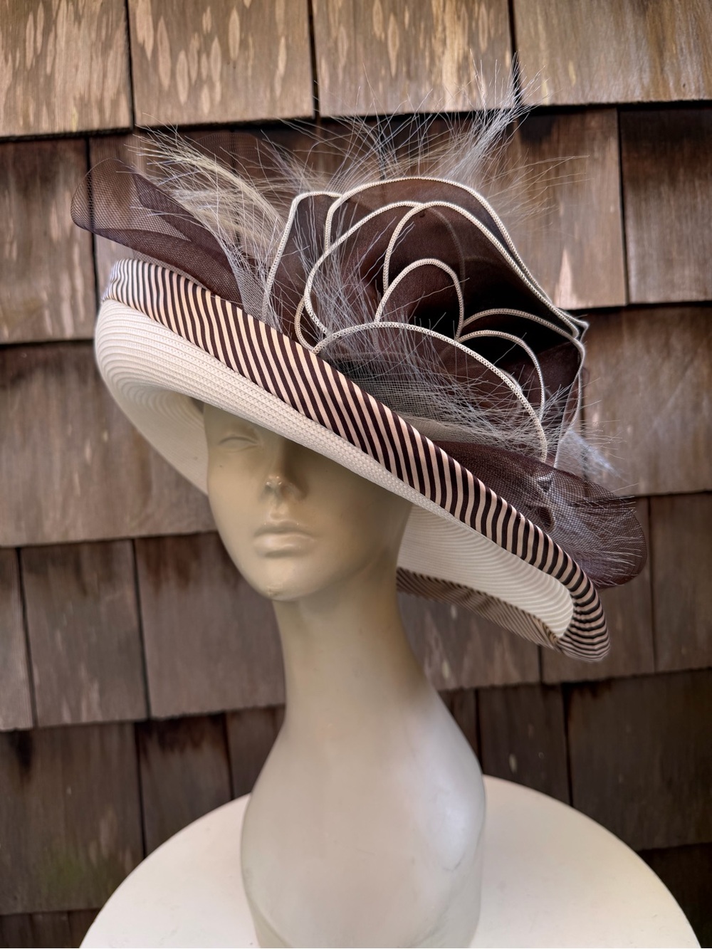 Vtg Whittall & Shon brim hat faux straw church derby white brown 22.5” 7 1/4.